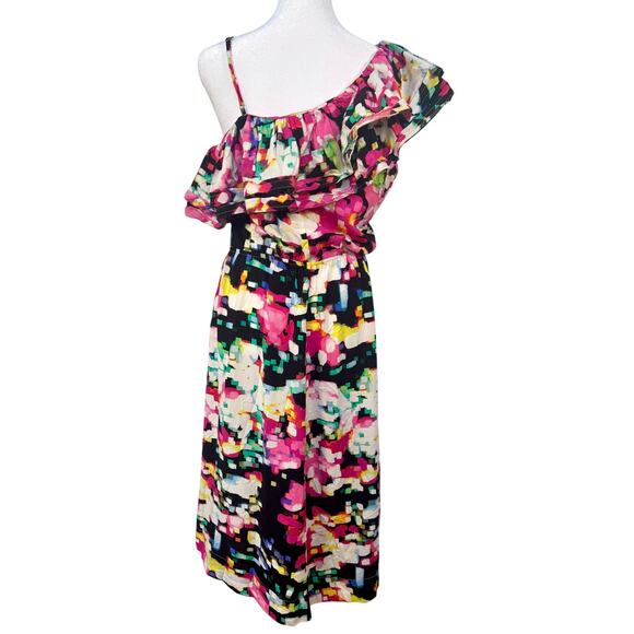 New H & M Pink Floral One Shoulder Midi High Low Dress Size 10 - Picture 4 of 5